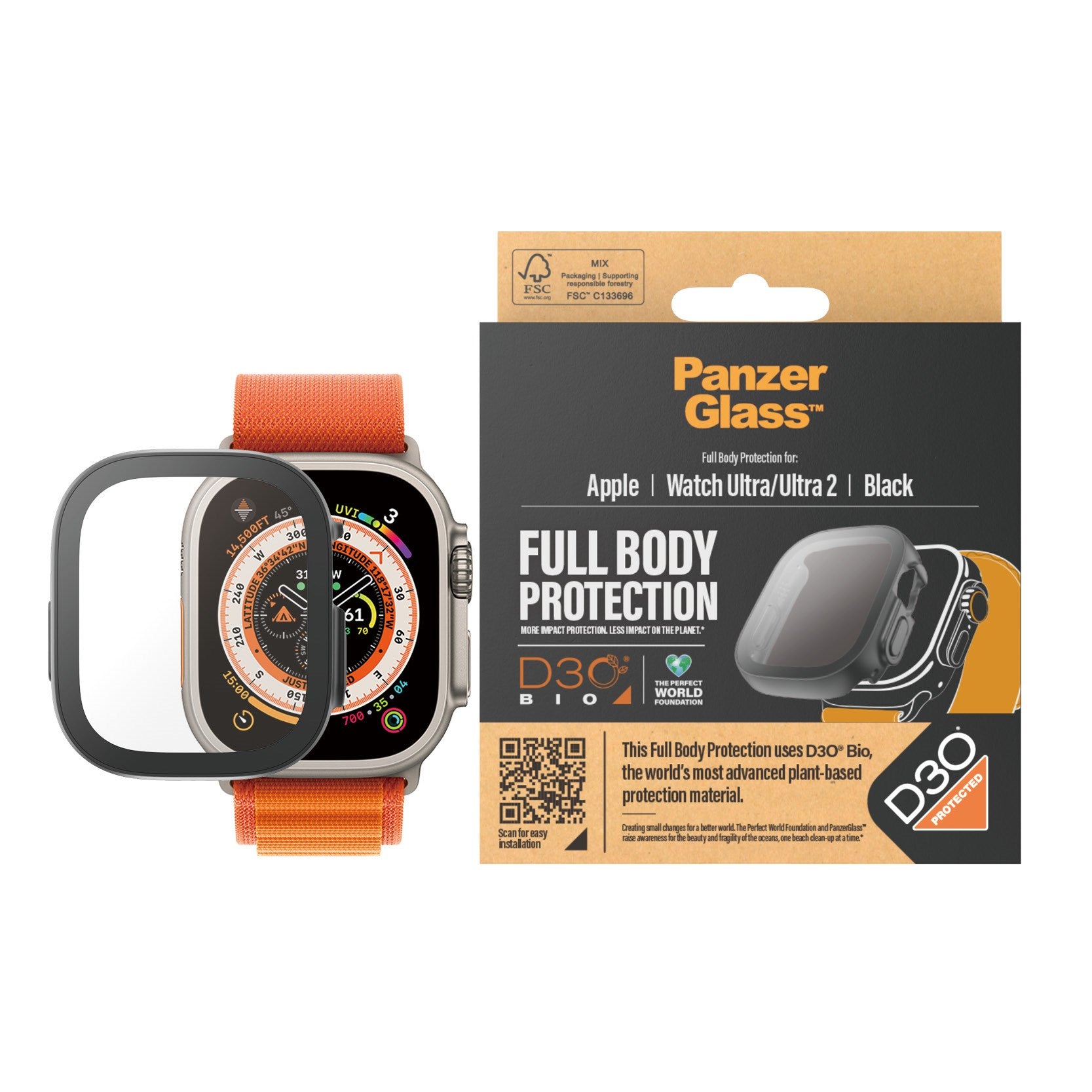 PanzerGlass® Skærmbeskyttelse med D3O® Full Body Apple Watch Ultra | 49mm | Sort